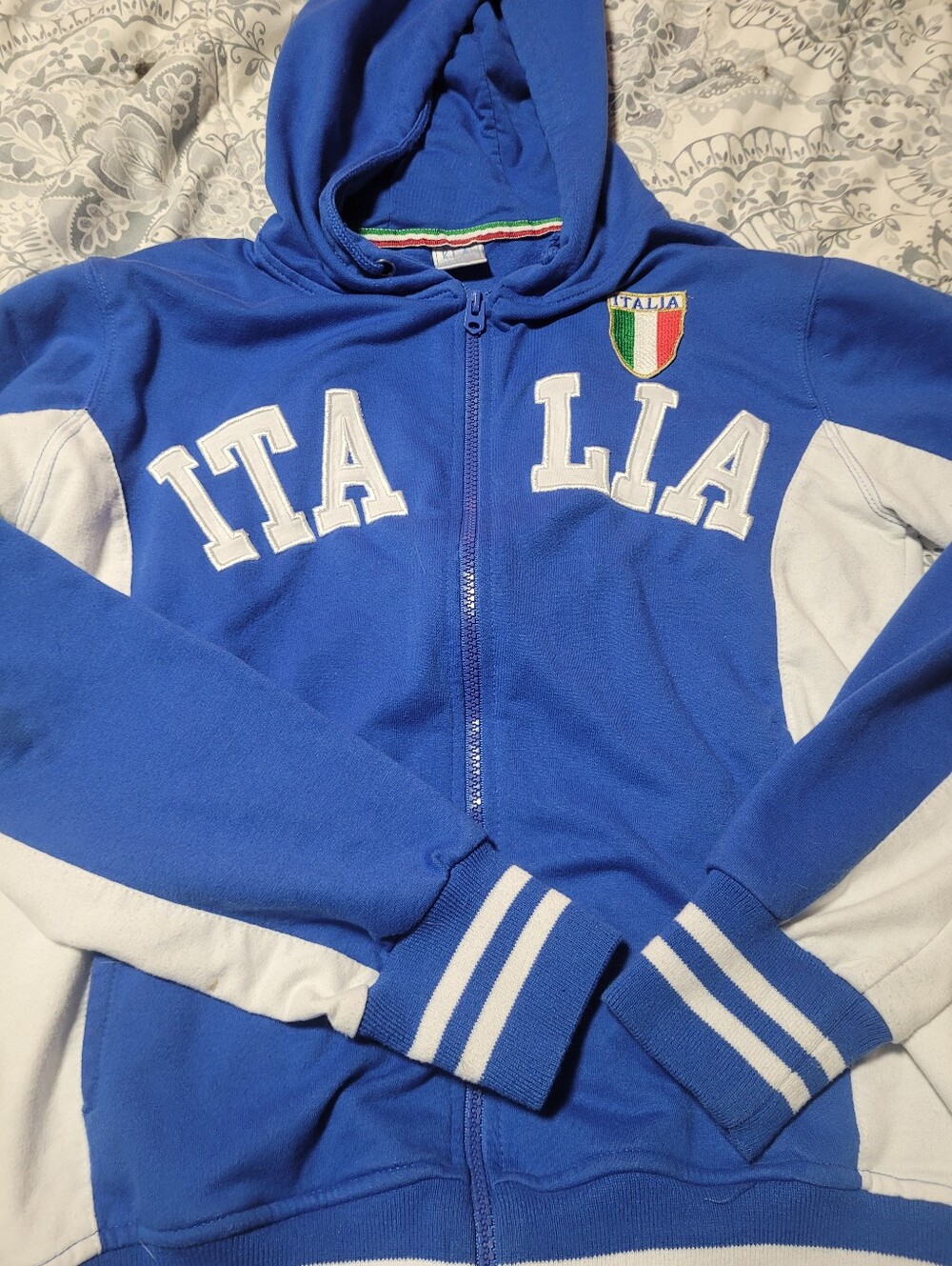 Blue 'ITALIA' Zip Hoodie with Shield Patch Size XS
